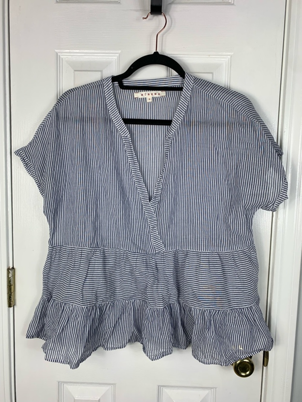 XiRENA Navy and White Striped Cotton Peplum Top